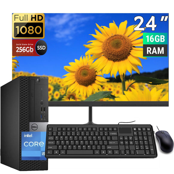 RENEWED Dell Desktop Optiplex 7050, i5 Up to 3.60 GHz, 16GB RAM, Super Fast 256GB SSD, 24