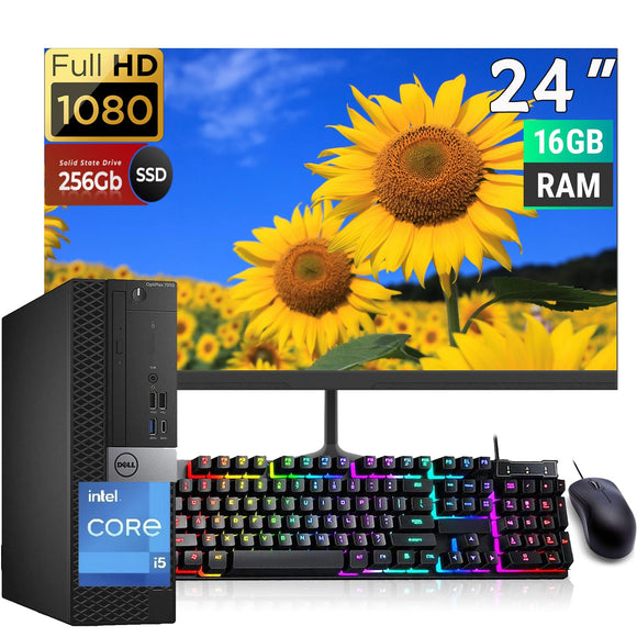 RENEWED Dell Desktop Optiplex 7050, i5 Up to 3.60 GHz, 16GB RAM, Super Fast 256GB SSD, 24